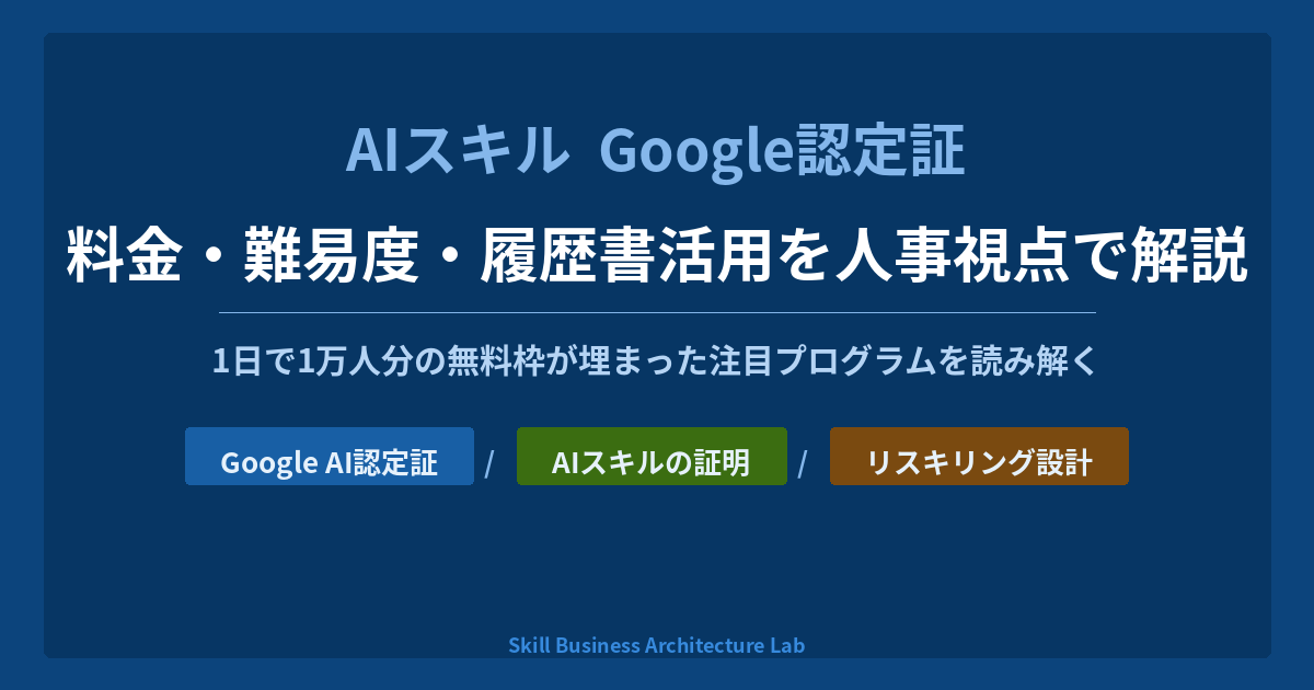 Googleが2026年4月に日本語版をリリースした「Google AI プロフェッショナル認定証」。料金・難易度・無料枠の状況・履歴書への活用まで、人事・経営担当者の視点で解説します。