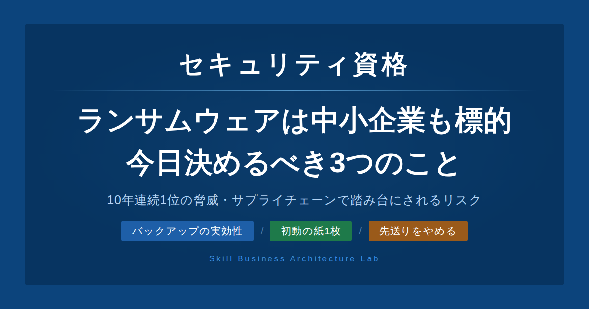 ランサムウェア被害は中小企業にも他人事ではありません。「うちは関係ない」が最も危ない理由と、技術知識ゼロでも今日始められる3つの経営判断を解説します。