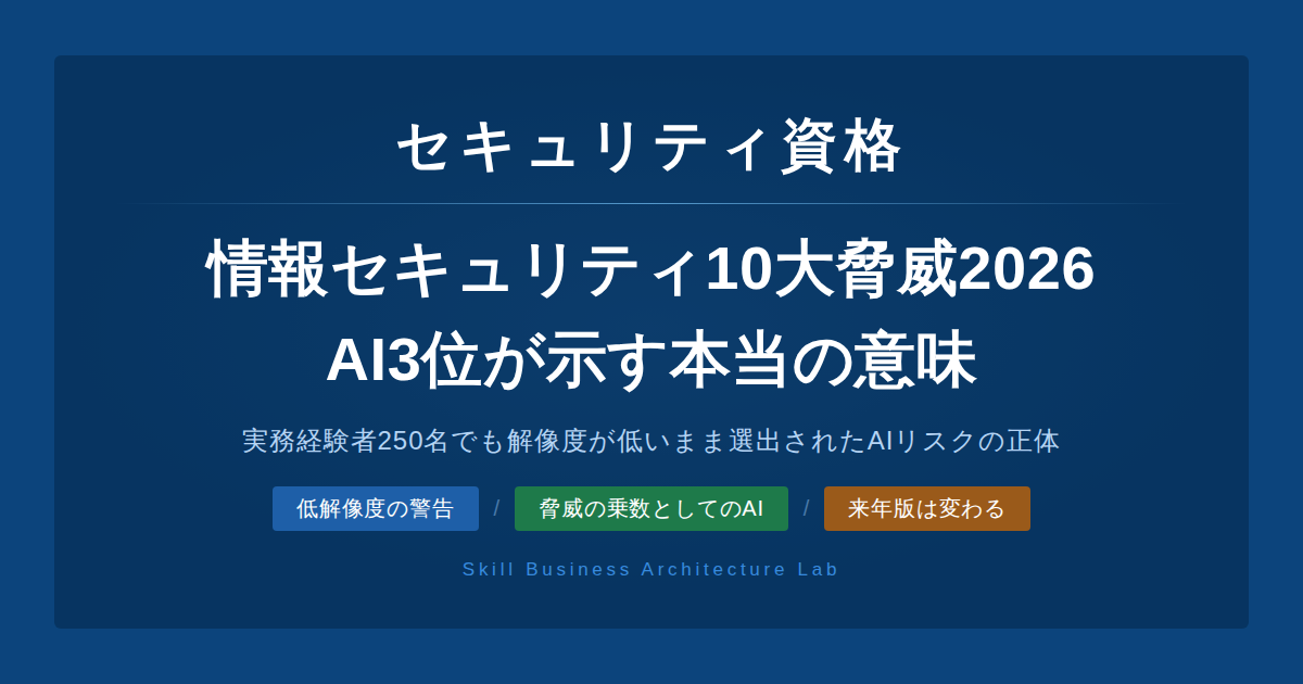 情報セキュリティ10大脅威2026を経営者向けに解説します。実務経験者250名の投票でAIだけ解像度が低いまま3位になった理由と、中小企業が今すべき判断を整理します。