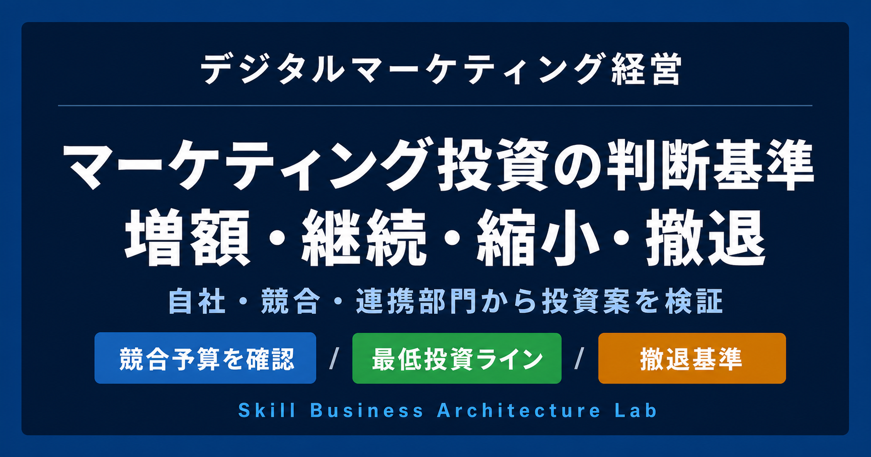 マーケティング投資を自社のCPAだけで判断していませんか。競合の予算感と投資効率を分析し、最低投資ライン、KPI、回収期間、継続・縮小・撤退基準を設定する方法を解説します。