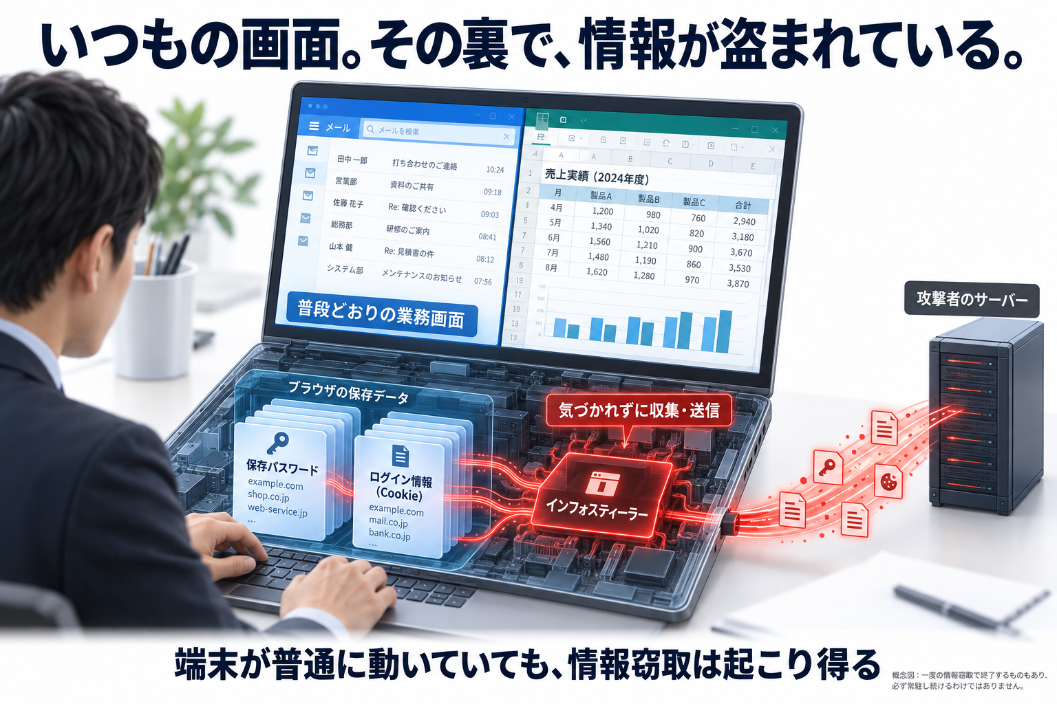 普段どおりの業務画面の裏で、インフォスティーラーがブラウザの保存パスワードやCookieを収集し、攻撃者のサーバーへ送信する様子を透視した概念図